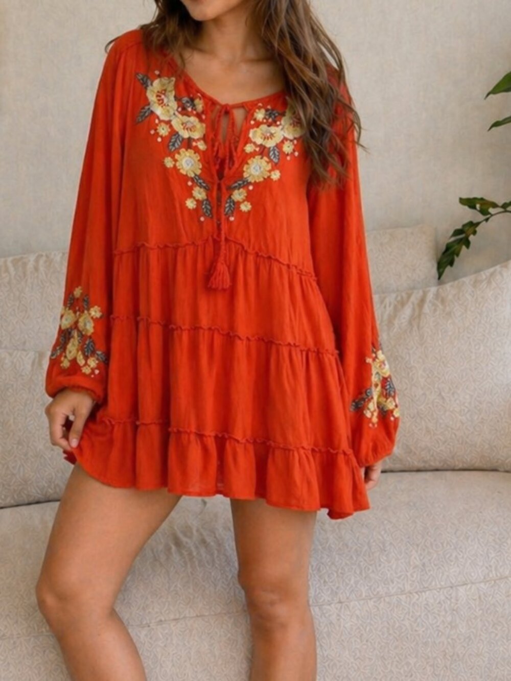FREE PEOPLE Orange Embroidered Boho Tiered Dress in Small/Petite